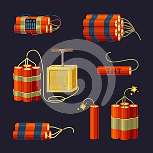 Bundle of explosives set. Red sticks of dynamite with timer prepared bomb with hand detonators burning cable of