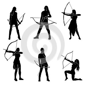 Bundle of female archer warrior silhouette vector collection on white background