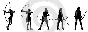 Bundle of female archer warrior silhouette vector collection on white background