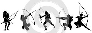 Bundle of female archer warrior silhouette vector collection on white background