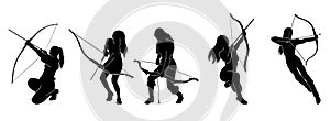 Bundle of female archer warrior silhouette vector collection on white background