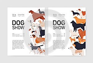 Bundle of flyer or placard templates for conformation dog show with adorable doggies of different breeds and place for