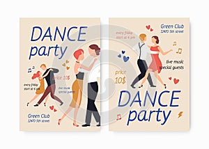 Bundle of flyer or poster templates for choreography school or studio, dance party, show or performance with pairs of