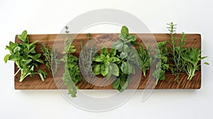 A bundle of fragrant herbs freshly and evenly spaced on a wooden ting board. Each leaf is a different shade of green photo