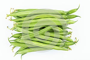 Bundle of fresh green beans on white background. Space for text