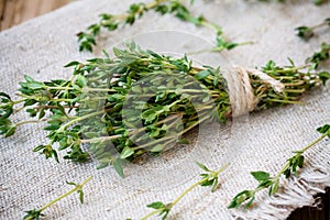 Bundle of fresh thyme on sackcloth