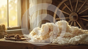 bundle of freshly sheared wool, soft and fluffy, resting on a rustic wooden table
