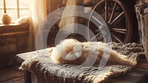 bundle of freshly sheared wool, soft and fluffy, resting on a rustic wooden table
