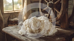 bundle of freshly sheared wool, soft and fluffy, resting on a rustic wooden table