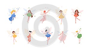 Bundle of funny gorgeous fairies in different dresses isolated on white background. Set of mythological or folkloric