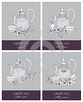 Bundle of gorgeous outline drawings of teapot, cup, green tea leaves, flowers, lemon, mint and jasmine. Set of delicious