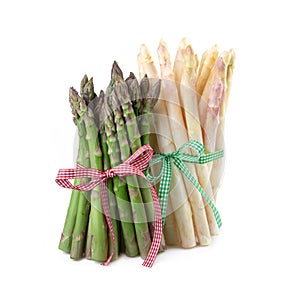 Bundle of green and white asparagus. Rustic decorated.
