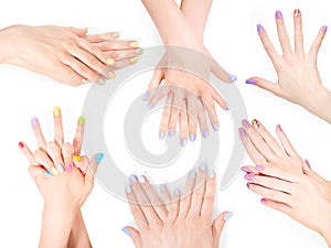 Bundle of hands with shellac art manicure