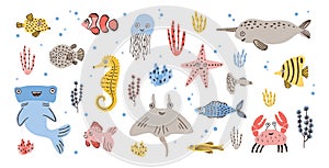 Bundle of happy adorable marine animals - narwhal, hammerhead, skate or ray, crab, fish, starfish and jellyfish isolated