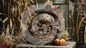 A bundle of hay scarecrows and cornstalks create a rustic autumn vibe perfect for a harvestthemed Halloween celebration photo