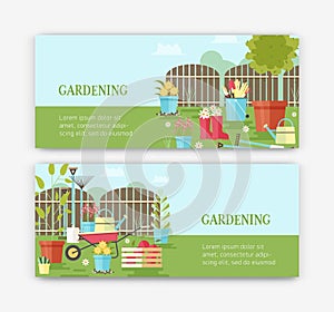 Bundle of horizontal banner templates with flowers growing in pots, gardening tools, equipment for plants cultivation