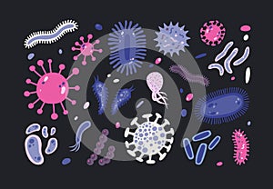 Bundle of infectious microorganisms isolated on black background. Set of harmful microscopic germs, pathogens, microbes