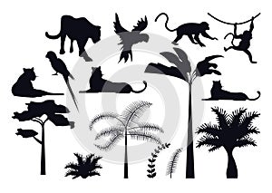 bundle of jungle animals and plants silhouettes