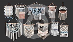 Bundle of macrame wall hangings isolated on black background. Set of handcrafted house decorations in Scandinavian style