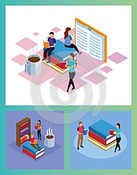 Bundle of mini people reading electronics books scenes