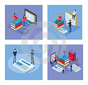 Bundle of mini people reading electronics books scenes