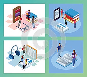 Bundle of mini people reading electronics books scenes