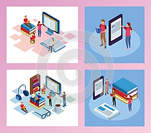 Bundle of mini people reading electronics books scenes