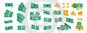 Bundle of money. Currency coins and banknotes, collection of flat 3D green dollar stack. Vector pile of golden coins photo