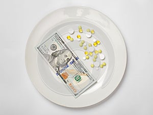 Bundle of money on a white plate with pills