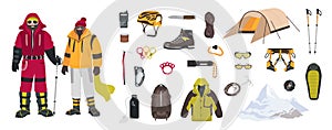 Bundle of mountaineering and touristic equipment, tools for mountain climbing, clothing, male and female mountaineers or