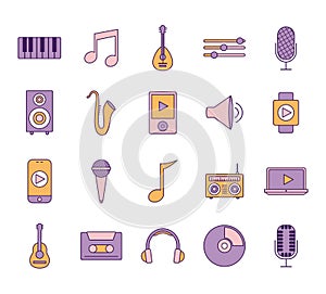 bundle of music icons on a white background