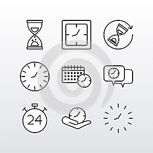 bundle of nine time clocks line style set icons
