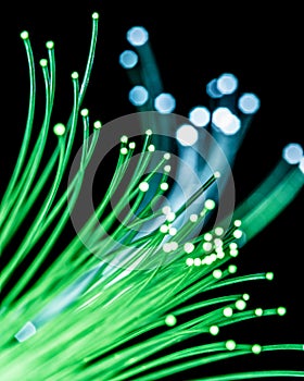 Bundle of optical fibers with green light. Black background