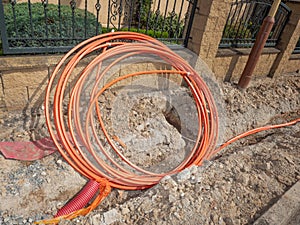 Bundle orange fiber cable of network connection