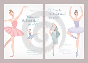 Bundle of poster or flyer templates for ballet school or studio for adults with elegant dancing ballerinas wearing tutu