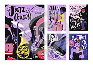 Bundle of poster, invitation and flyer templates for jazz music festival, concert, party with musical instruments
