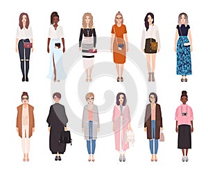 Bundle of pretty women dressed in modern fashionable clothes isolated on white background. Set of girls wearing trendy