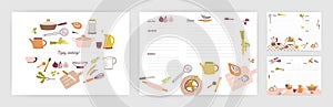 Bundle of recipe card templates for making notes about preparation of food and cooking ingredients. Clean cookbook pages