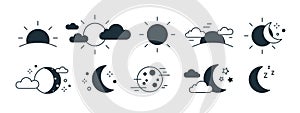 Bundle of rising or setting sun, crescent moon, cloud and stars symbols. Set of day and night time monochrome pictograms