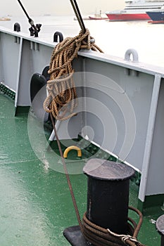 Bundle of rope on board of ship S.S. Hellas Liberty in haven of Piraeus