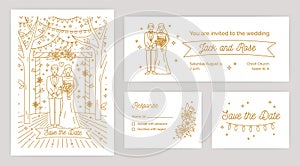 Bundle of Save The Date card, wedding invitation and response note templates with cartoon bride and groom drawn with