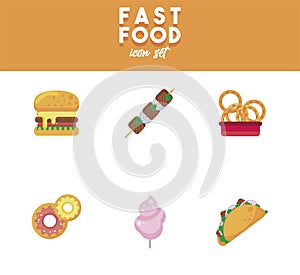 bundle of six street fast food set icons and lettering