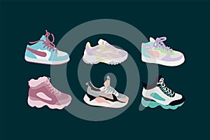 A bundle of sneakers. Sports women's or men's running shoes, sneakers, shoes, boots. A set of shoe illustrations for