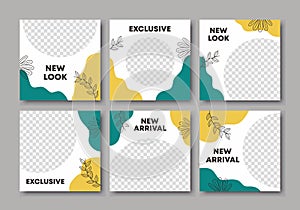 Bundle social media post template in abstract puzzle minimalist style. Pastel colors backgrounds with floral elements. Fashion