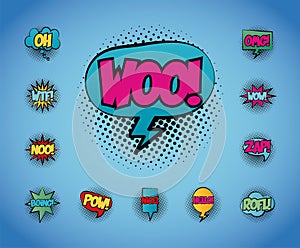 Bundle of speech bubbles with woo word and words pop art fill style photo