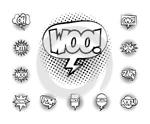 Bundle of speech bubbles with woo word and words pop art line style photo