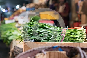 Bundle spring green queue onions at the Port Louis market in Mauritius