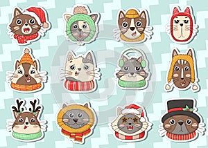 Bundle of stickers of cute Christmas cat head in knitted hats with pom-poms and scarves, top hat with holly, star glasses, deer