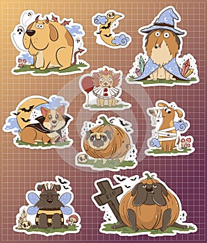 Bundle of stickers with Funny cartoon purebred dogs in Halloween costumes. Scary funny character for halloween. Vector