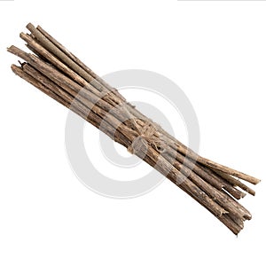 Bundle of sticks, twigs, isolated over white. Tied with string.